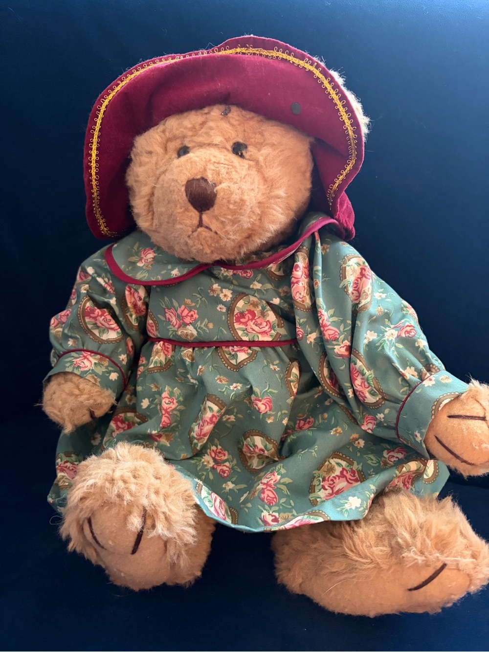 Russ vintage Abigail Plush Teddy Bear in Green Floral Dress with Burgundy Hat